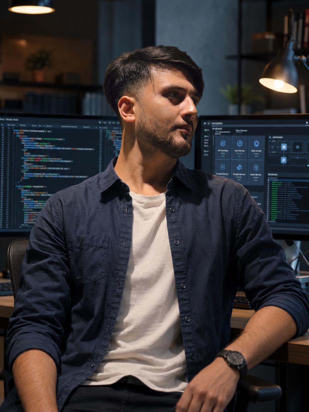 Portrait of Roman Salamzada in front of his screens